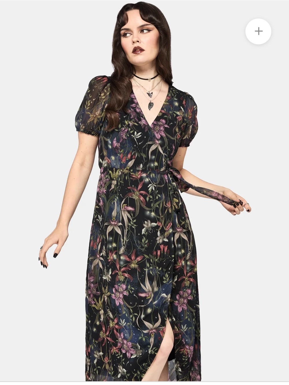 Disturbia Black Floral Wrap Midi Dress with Puff Sleeves